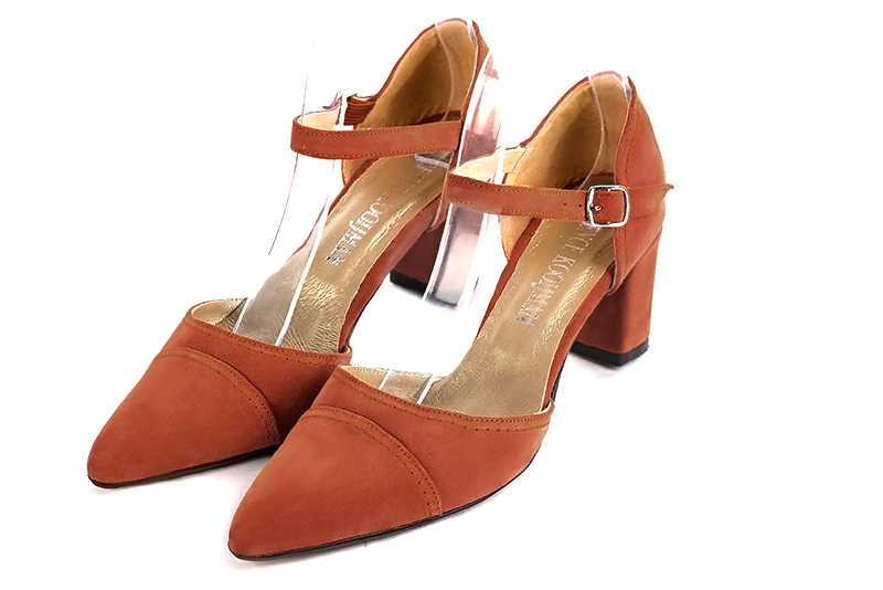 Terracotta orange women's open side shoes, with an instep strap. Tapered toe. Medium block heels. Front view - Florence KOOIJMAN